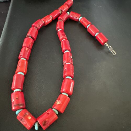 Navajo Red Coral Turquoise Bead Necklace | Sterling Silver | 20" | Authentic Native American Handmade | 16816