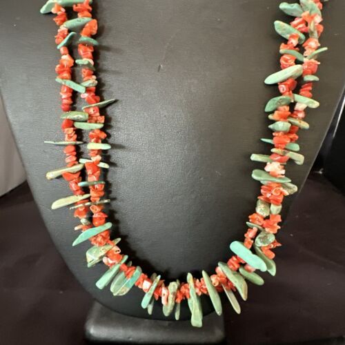 Navajo Green Turquoise Coral Stick Bead Necklace | Sterling Silver | 22" | Authentic Native American Handmade | 17255