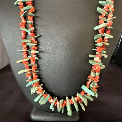 Navajo Green Turquoise Coral Stick Bead Necklace | Sterling Silver | 22" | Authentic Native American Handmade | 17255