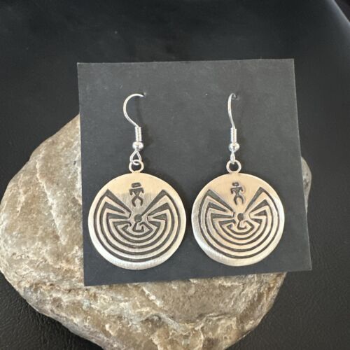 Hopi Man in the Maze Dangle Earrings | Sterling Silver | Authentic Native American Handmade | 16842