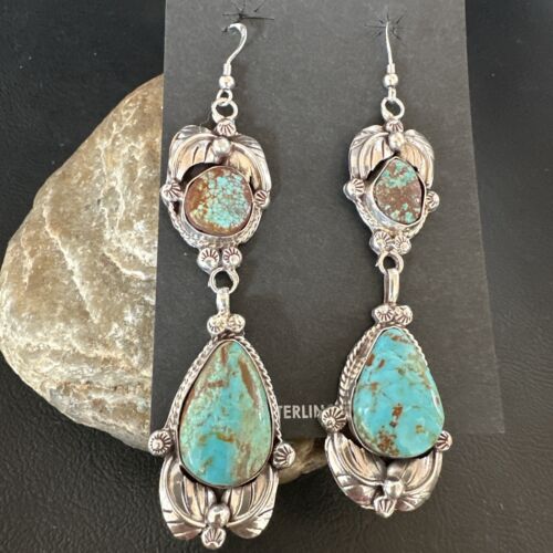 Navajo Blue Turquoise #8 Dangle Earrings | Sterling Silver | Authentic Native American Handmade | 16909