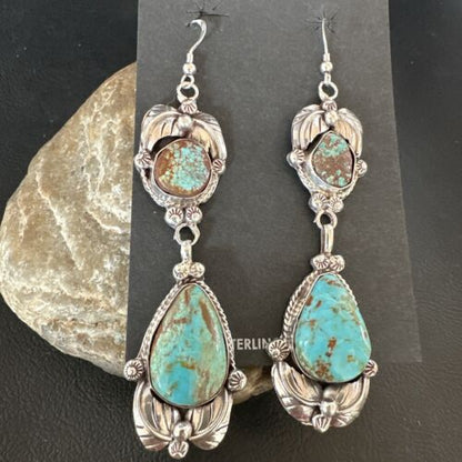 Navajo Blue Turquoise #8 Dangle Earrings | Sterling Silver | Authentic Native American Handmade | 16909