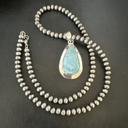 Navajo Blue Larimar Pendant Necklace | Sterling Silver Beads | Authentic Native American Handmade | 16963