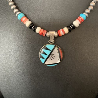 Zuni Multi-Color Turquoise Onyx Necklace with Inlay Pendant | Sterling Silver | 13565