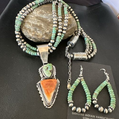 Navajo Royston Turquoise Spiny Pendant Set | Authentic Native American Sterling Silver | 3" | Handmade | 16813