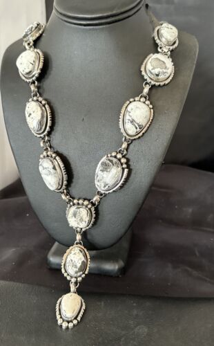 Navajo White Buffalo Turquoise Lariat Necklace | Sterling Silver | Authentic Native American Handmade | 17444