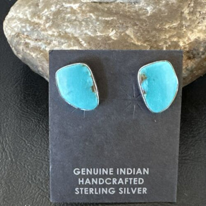 Navajo Blue Kingman Turquoise Post Stud Earrings | Sterling Silver | Authentic Native American Handmade | 17468