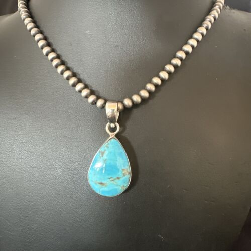 Blue Kingman Turquoise Pendant | Navajo Pearls | Sterling Silver Necklace 20" | 17010