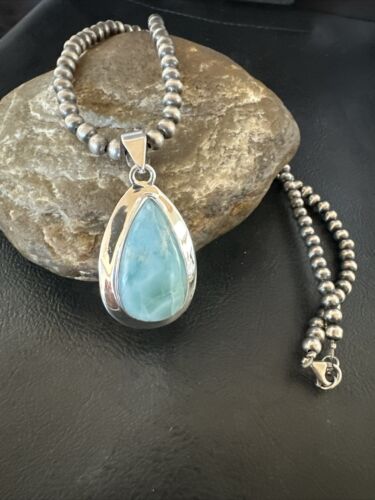 Navajo Blue Larimar Pendant Necklace | Sterling Silver Beads | Authentic Native American Handmade | 17568