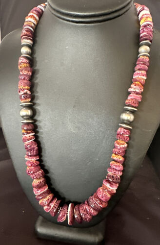 Navajo Purple Spiny Oyster Necklace | Sterling Silver Pearls | 22" | Authentic Native American Handmade | 16703