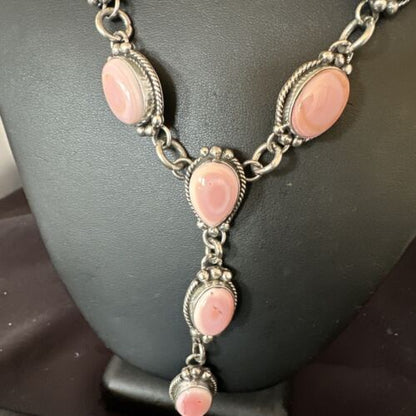 Navajo Pink Conch Lariat Necklace | Sterling Silver Pendant | 30" | Authentic Native American Handmade | 15870