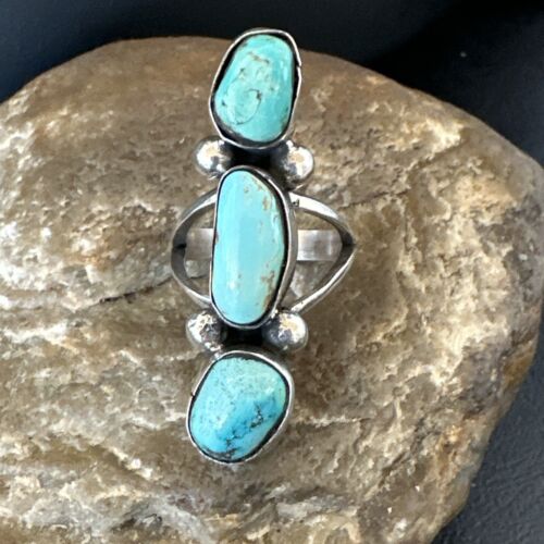 Navajo Blue Turquoise Cluster Ring | Authentic Native American Sterling Silver | Multi-Stone | Sz 7 | 17841