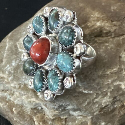 Navajo Blue Spiderweb Turquoise Coral Cluster Ring | Authentic Native American Sterling Silver | Multi-Stone | Sz 9.5 | 17182