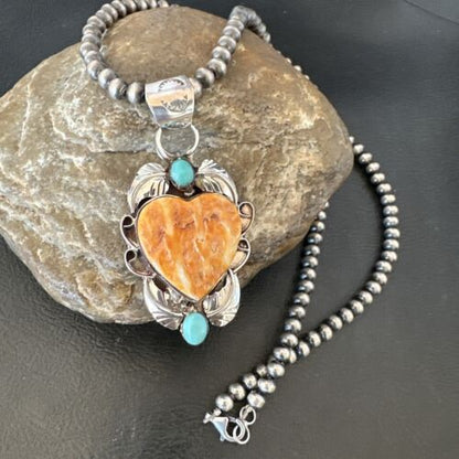 Navajo Spiny Oyster Heart Turquoise Pendant Necklace | Sterling Silver | Authentic Native American Handmade | 16456