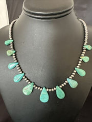 Southwestern Navajo Pearls Necklace | Sterling Silver | Green Turquoise Teardrop | 15762