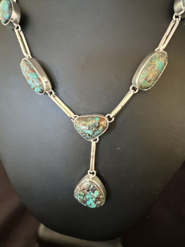 Navajo Blue Spiderweb Turquoise Lariat Necklace | Sterling Silver Pendant | 18" | 14959