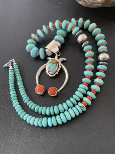 Navajo Blue Turquoise Coral Naja Pendant Necklace | Sterling Silver | Authentic Native American Handmade | 02082