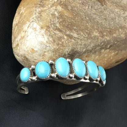 Navajo Sterling Silver Bracelet | Kingman Turquoise | Multi-Stone 7-Stone | Authentic Native American Handmade