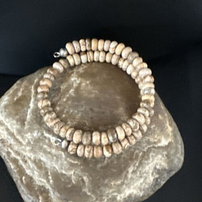 Navajo Brown Picture Jasper Bead Bracelet | 6mm | Sterling Silver | Authentic Native American Handmade | 15244 - Masha USA