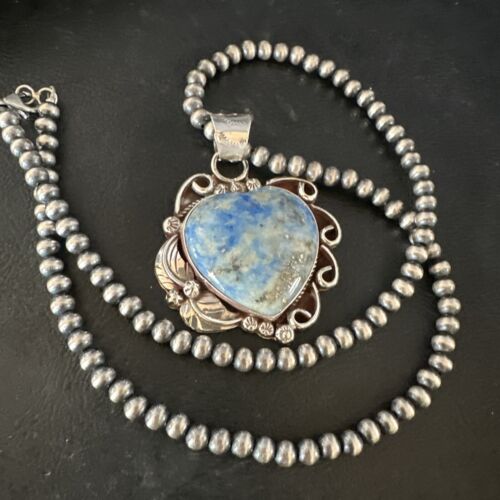Men's Blue Heart Denim Lapis Pendant | Navajo Pearls Sterling Silver Necklace 21" | 15523