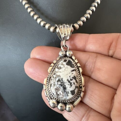 Navajo White Buffalo Turquoise Pendant Necklace | Sterling Silver | Authentic Native American Handmade | 17516