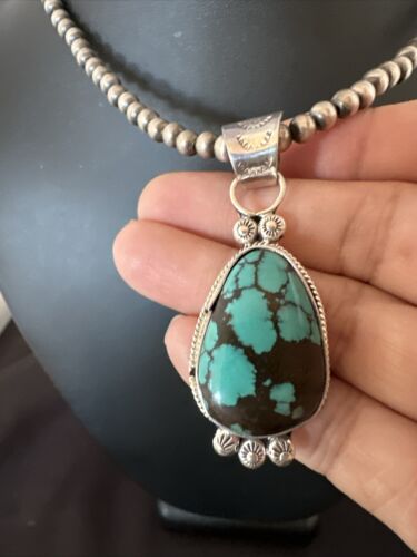 Navajo Blue Spiderweb Turquoise Pendant Necklace | Sterling Silver | Authentic Native American Handmade | 17117