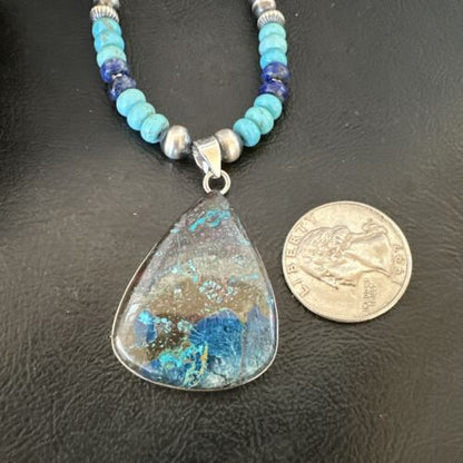 Blue Turquoise Jasper Pendant | Lapis Navajo Pearls | Sterling Silver Necklace 16927 - Masha USA