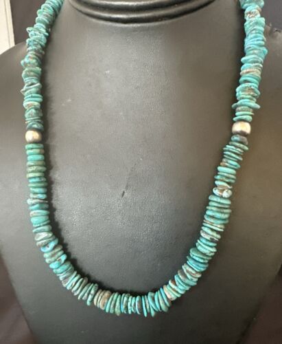 Navajo Blue Turquoise Bead Necklace | Sterling Silver | Graduated |  8mm | Authentic Native American | 19" | 17582