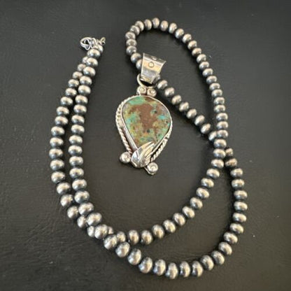 Navajo Blue Turquoise Pendant Necklace | Sterling Silver Pearls | Authentic Native American Handmade | 15654