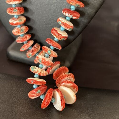 Navajo Blue Turquoise & Spiny Oyster Necklace | Sterling Silver | Authentic Native American | 22" | 17420