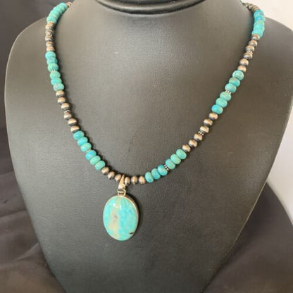 Navajo Pearls Necklace with Blue Kingman Turquoise Pendant | Sterling Silver | 11863