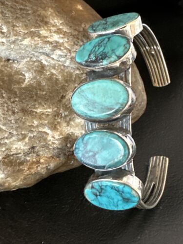Women's Blue Turquoise 5-Stone Cuff Bracelet | Navajo Sterling Silver | Authentic Native American Jewelry | 16165