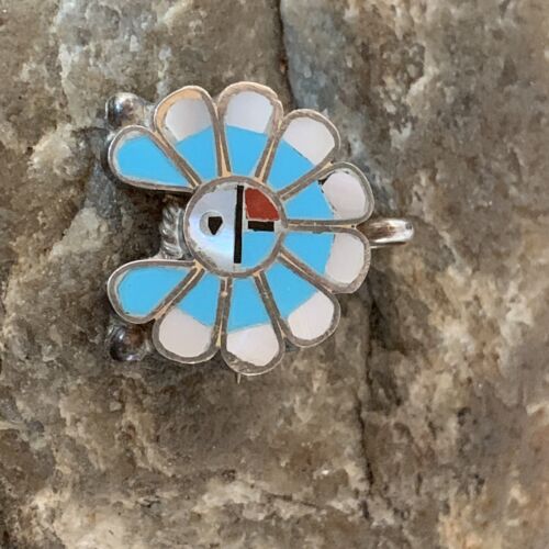 Zuni Sunface Pin Pendant | Turquoise, Mother of Pearl, Spiny Oyster | Sterling Silver | Native American Handmade | 01180