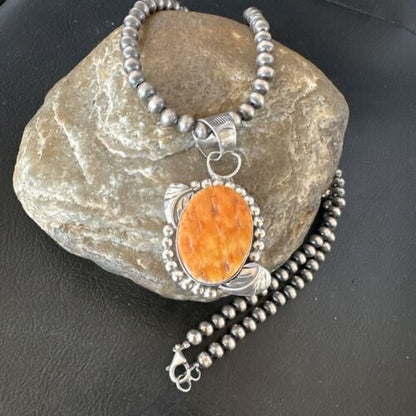 Navajo Orange Spiny Oyster Pendant Necklace | Sterling Silver Pearls | Authentic Native American Handmade | 16553