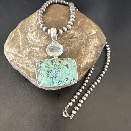 Navajo Dry Creek Turquoise Topaz Pendant Necklace | Sterling Silver | Authentic Native American Handmade | 16446