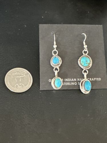 Kingman Turquoise Dangle Earrings | Navajo Sterling Silver | Authentic Native American Handmade | 14871