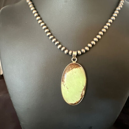 Navajo Green Gaspeite Pendant Necklace | Sterling Silver | Authentic Native American Handmade | 15485