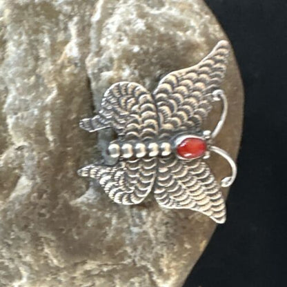 Navajo Butterfly Red Coral Pin Pendant | Sterling Silver | 1.25" | Authentic Native American Handmade | 15526