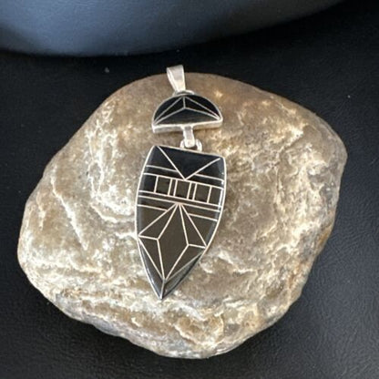 Navajo Sterling Silver Pendant with Black Onyx Inlay | Authentic Native American Handmade | 2.75"