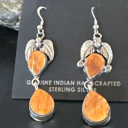 Navajo Orange Spiny Oyster Dangle Earrings | Sterling Silver | 1.5" | Authentic Native American Handmade | 16571