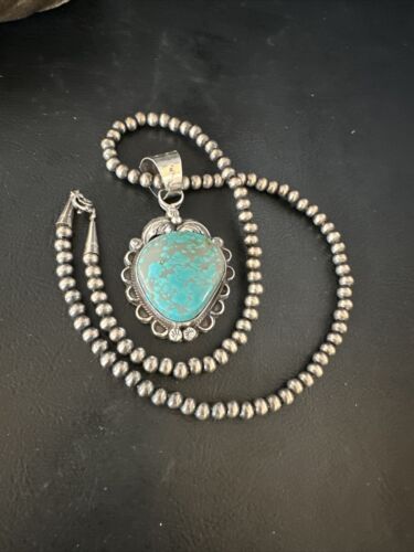 Navajo Pearls Sterling Silver Necklace with Blue Turquoise #8 Pendant | Authentic Native American Handmade | 14858