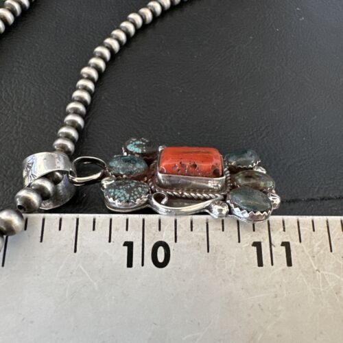 Navajo Turquoise Coral Cluster Pendant Necklace | Sterling Silver | Authentic Native American Handmade | 17186