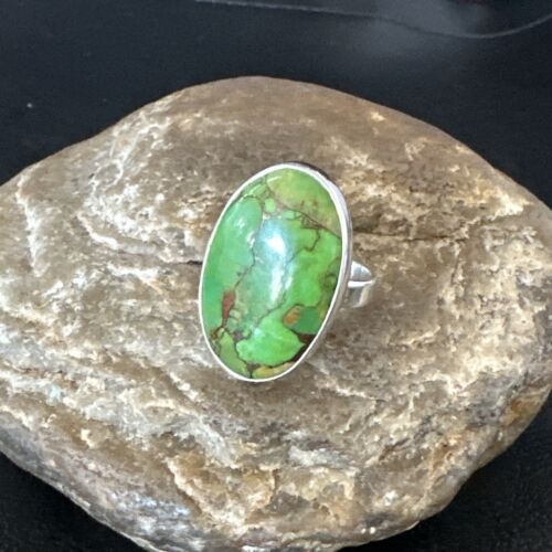 Navajo Green Mojave Turquoise Ring | Sterling Silver | Sz 8 Adjustable | Authentic Native American Handmade | 16146