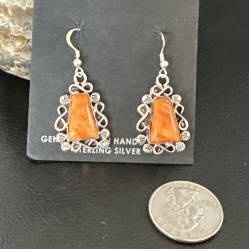 Navajo Orange Spiny Oyster Dangle Earrings | Sterling Silver | Authentic Native American Handmade | 17266
