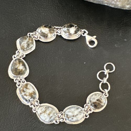 White Buffalo Turquoise 8-Stone Navajo Sterling Silver Link Bracelet | 8" | Handmade Jewelry 16378