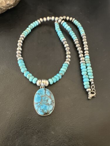Navajo Blue Spiderweb Turquoise Pendant Necklace | Sterling Silver | Authentic Native American Handmade | 16649