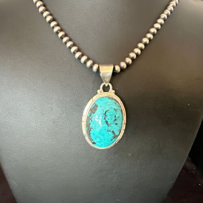 Men's Navajo Blue Spiderweb Turquoise Pendant Necklace | Sterling Silver | Authentic Native American Handmade | 16226