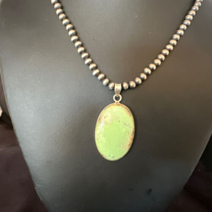 Navajo Green Gaspeite Pendant Necklace | Sterling Silver | Authentic Native American Handmade | 15490