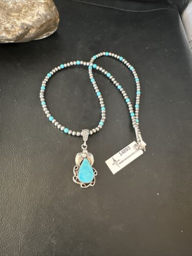 Navajo Pearls Kingman Turquoise Pendant Necklace | Sterling Silver | Authentic Native American Handmade | 14893