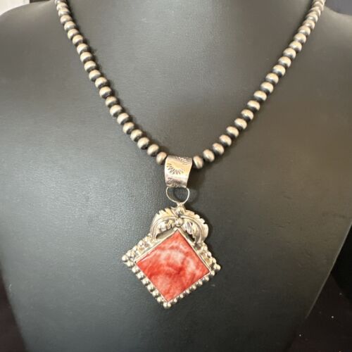 Navajo Red Spiny Oyster Pendant Necklace | Sterling Silver | Authentic Native American Handmade | 16145